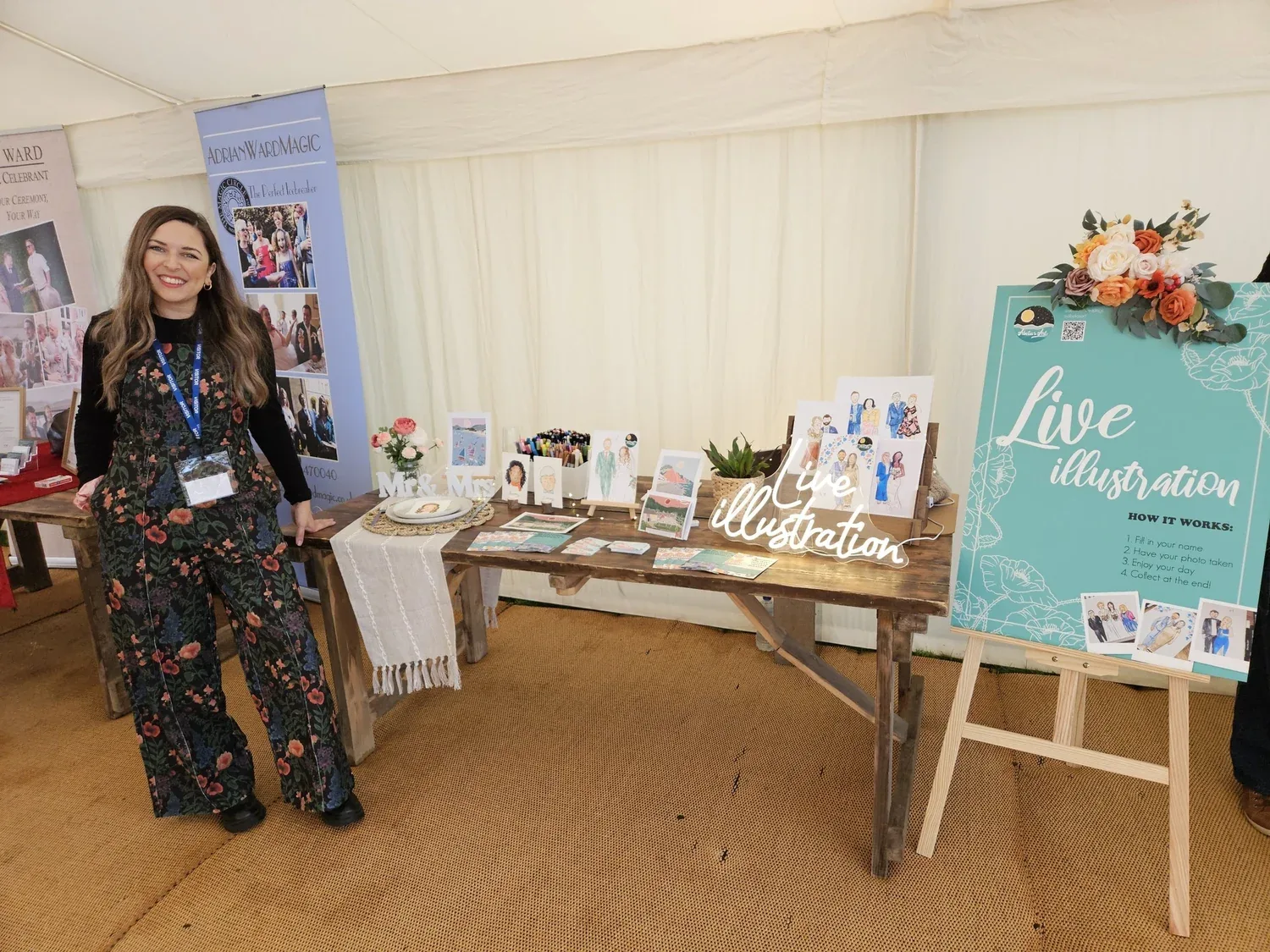 Guests holding their finished portrait sketches, delighted