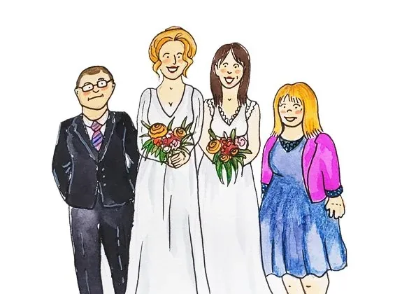 Finished ink-and-marker illustration of a wedding couple