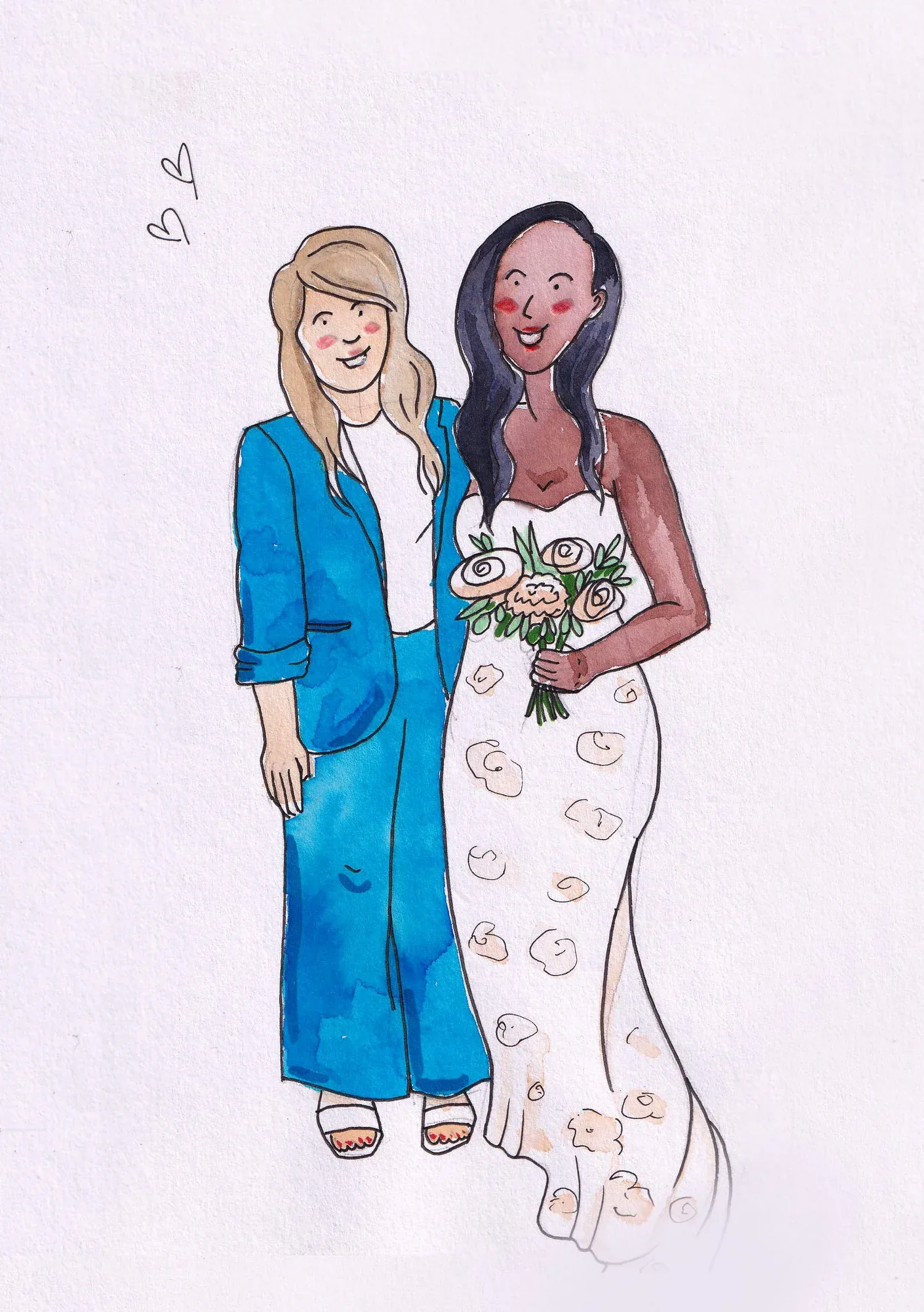 Watercolour and ink portrait of two brides, sketched live on their wedding day