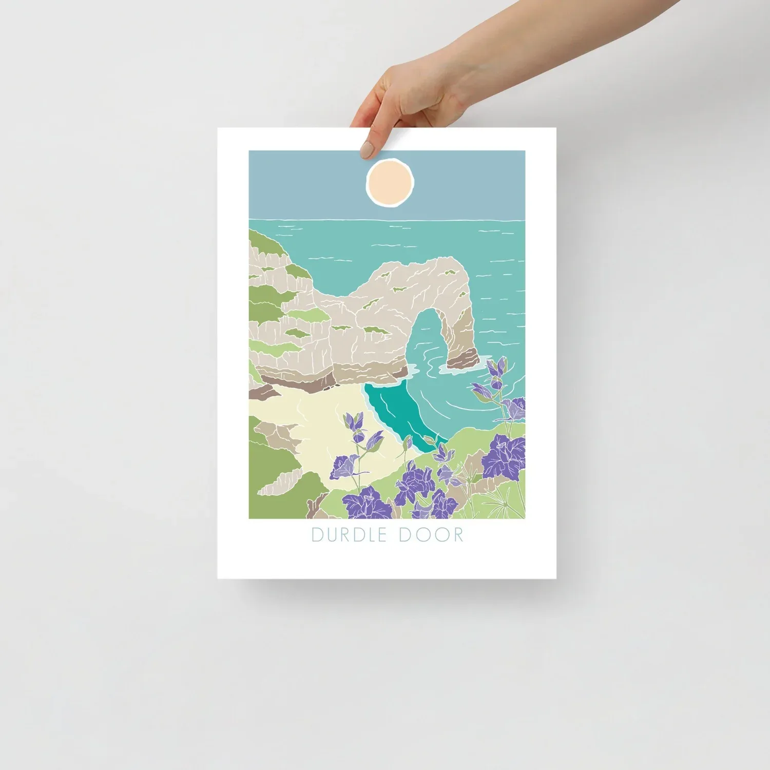Durdle Door Art Print with Larkspurs - Coastal Wall Decor