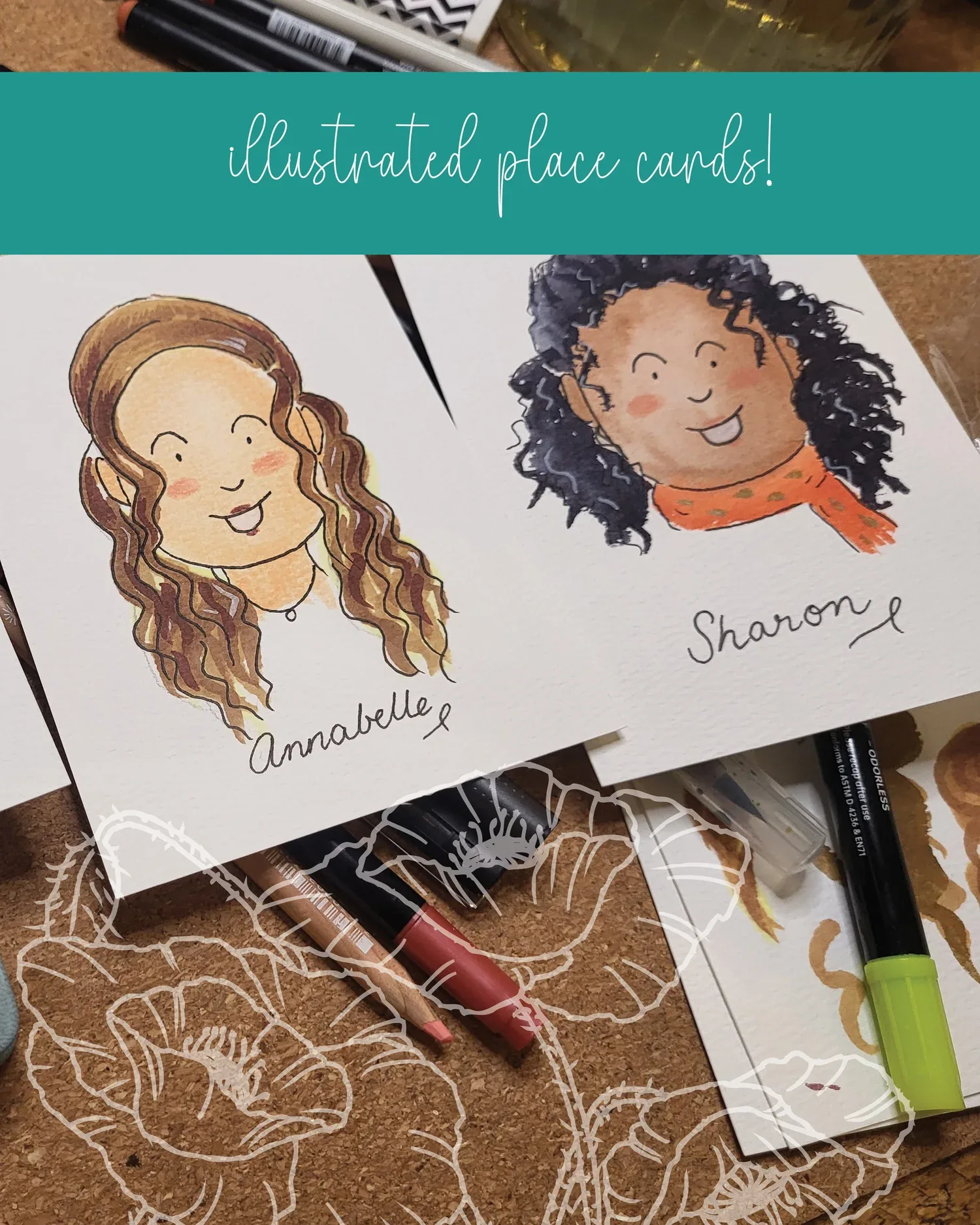 Hand-drawn illustrated place name cards for wedding guests Annabelle and Sharon