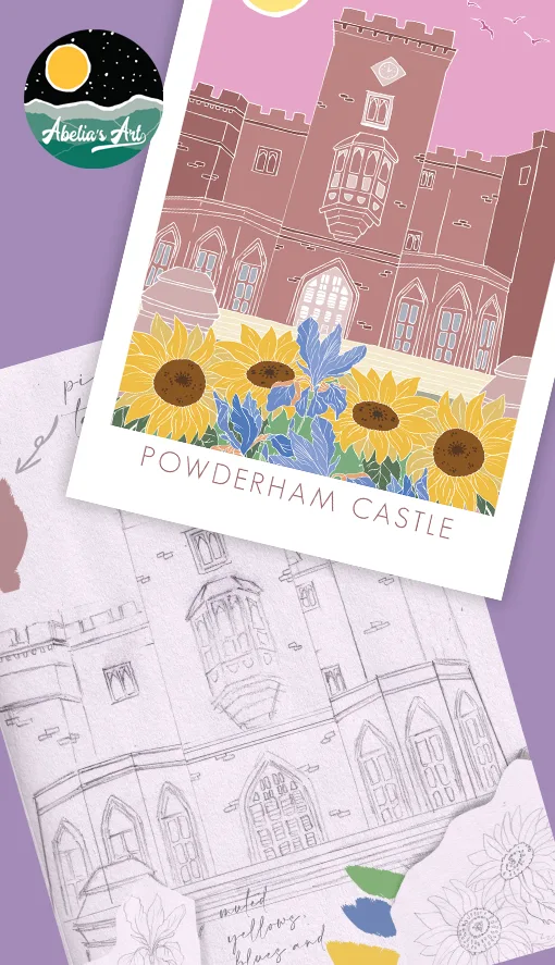 Bespoke hand-drawn illustration of Powderham Castle, Exeter