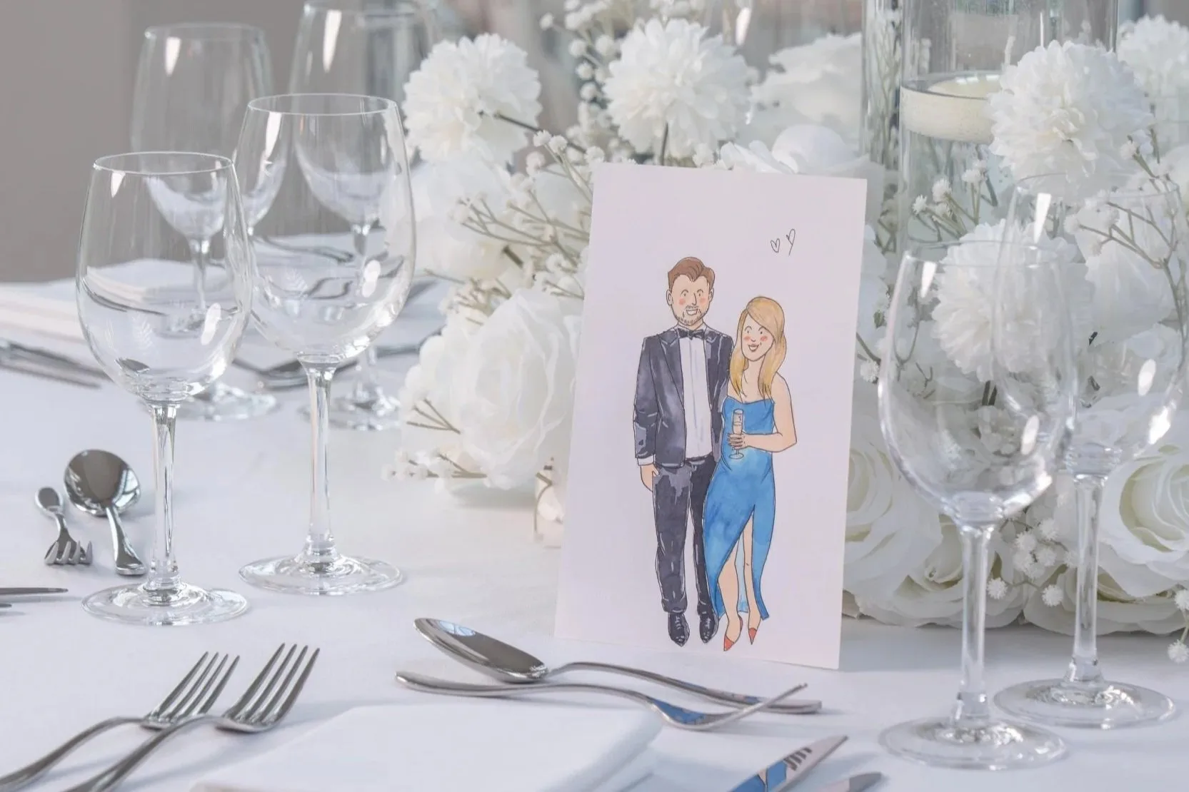 A collection of finished hand-drawn guest portraits from a Devon wedding