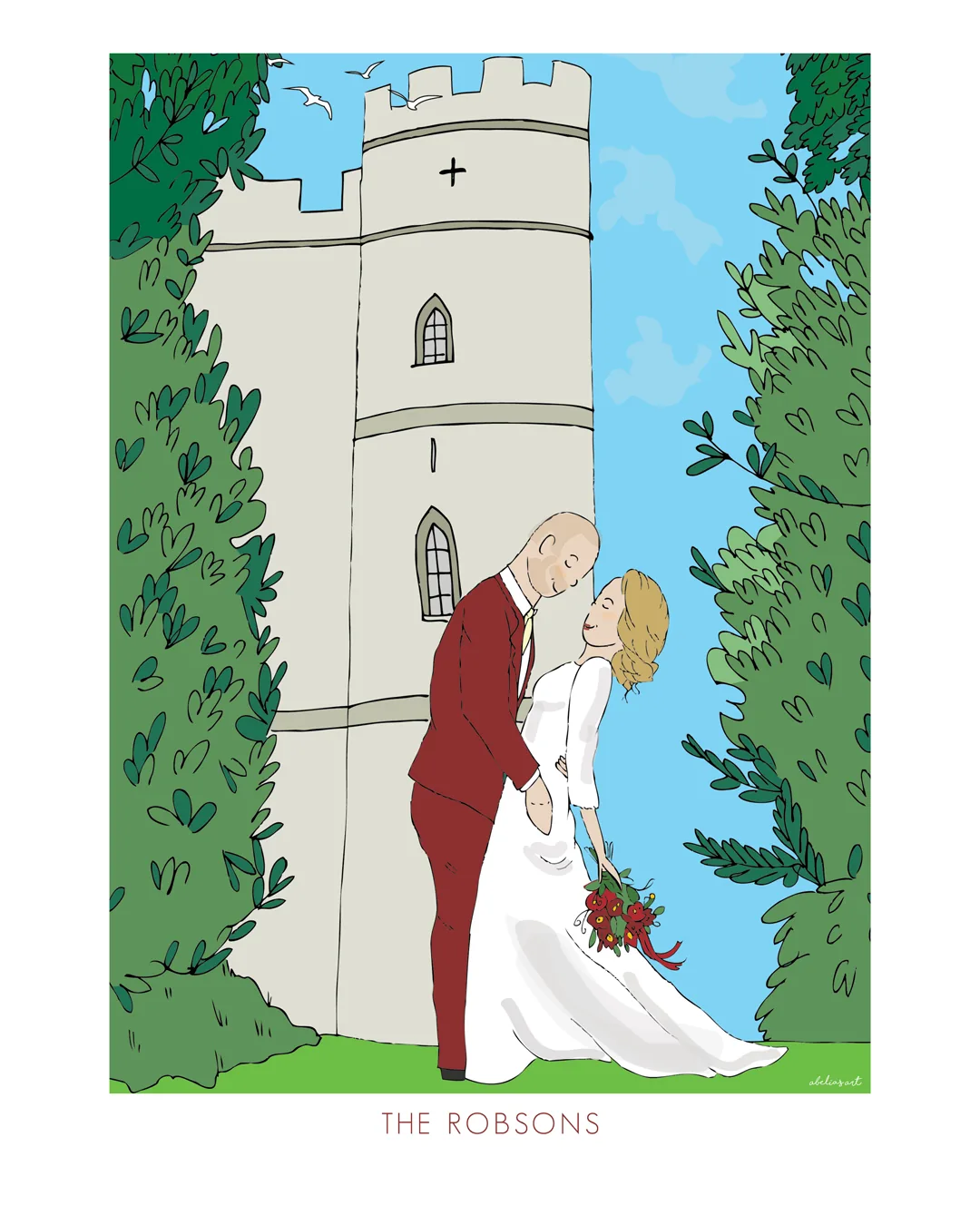 Bespoke illustration of a couple kissing in front of their castle wedding venue